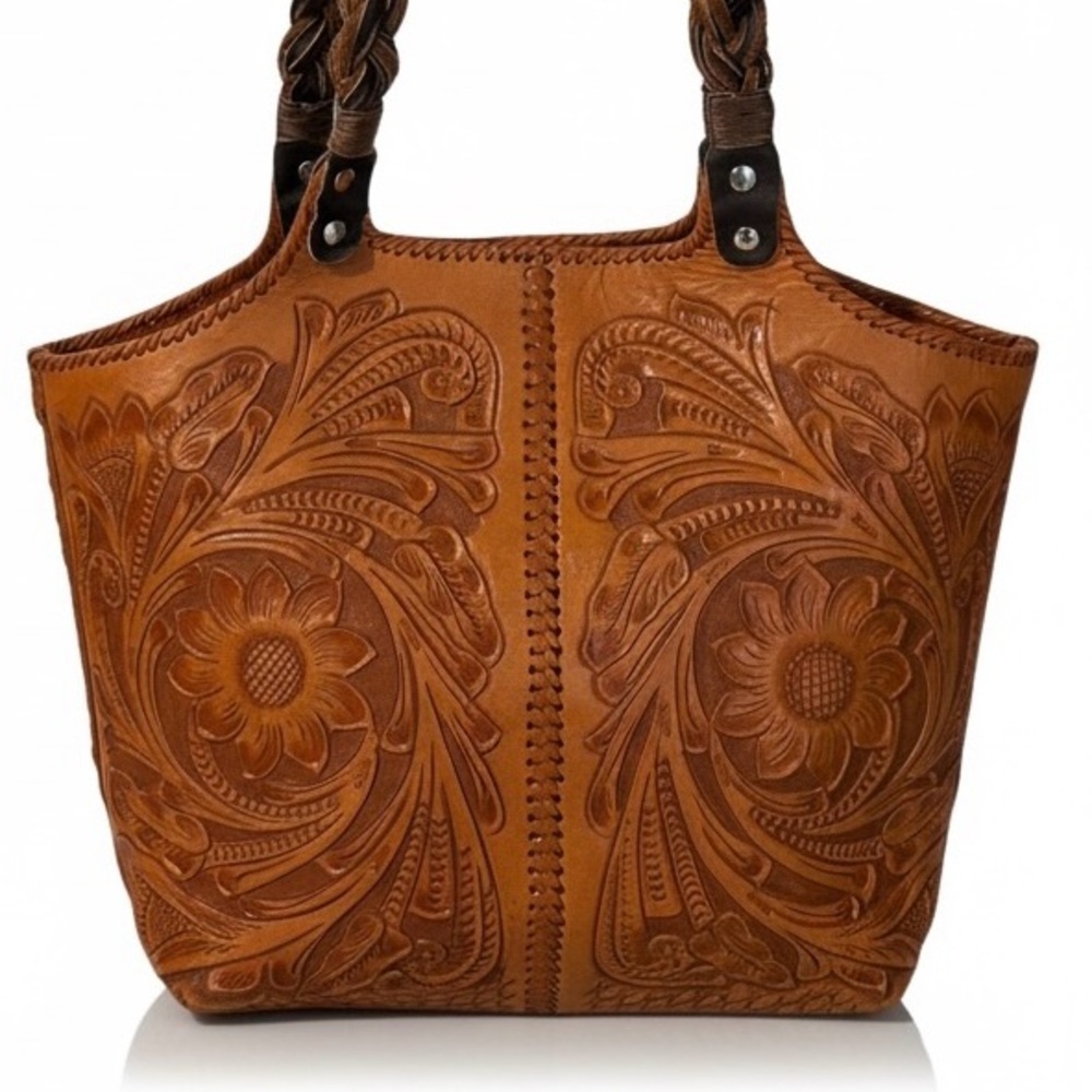 Alejandro Yeo Brown Leather Shoulder bag braided handle structured tote tooled - Picture 5 of 14